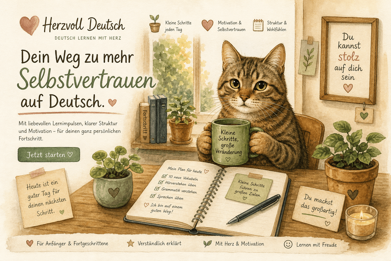Katze lernt Deutsch am Schreibtisch
